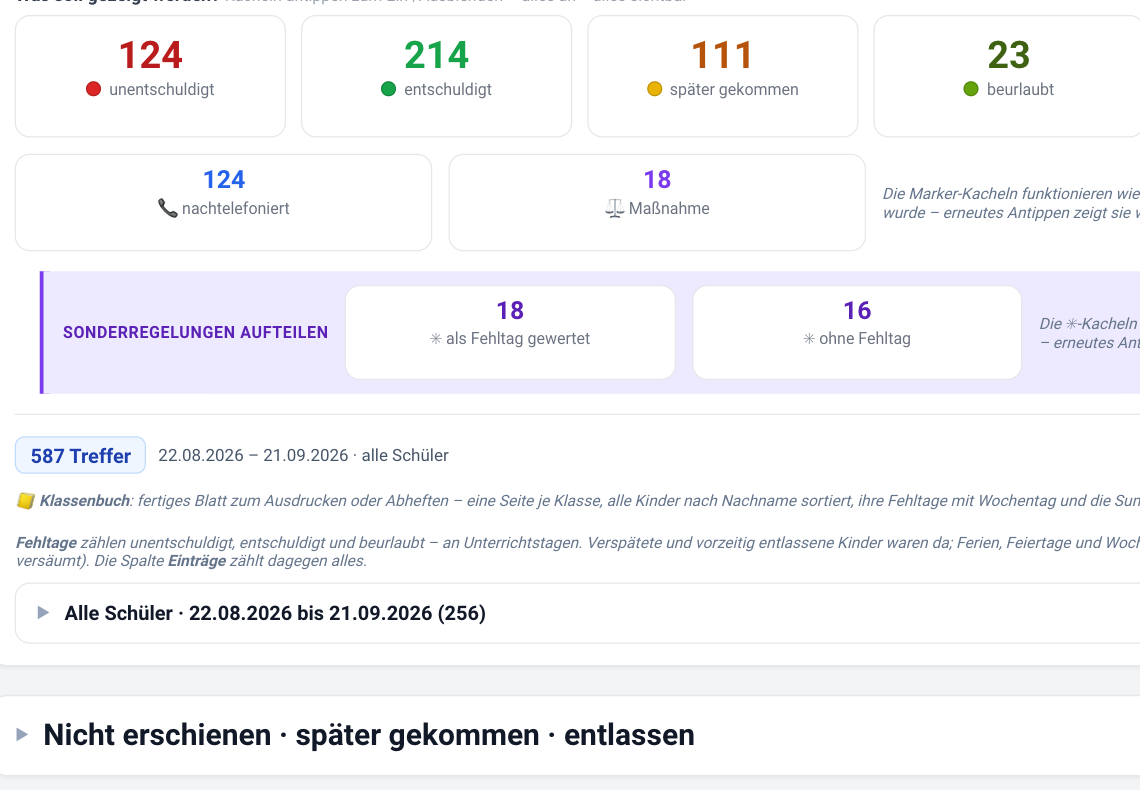 Abwesenheits-Recherche mit Status-Kacheln, Marker-Kacheln und Trefferzeile