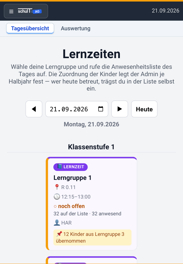 Dieselbe Lernzeiten-Übersicht auf einem Tablet im Hochformat